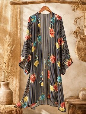 Umgee Mixed Print Floral Striped Pattern‎ Kimono Duster Size S/M